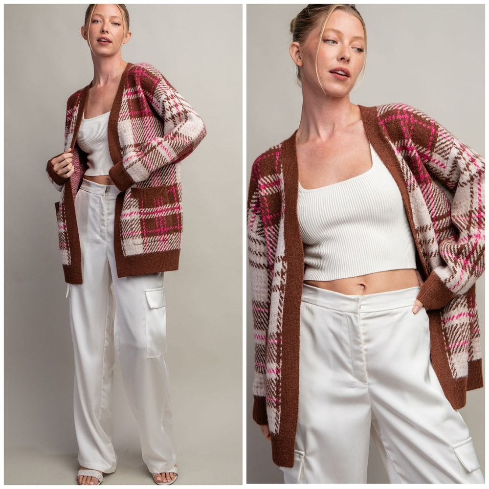 ee:some Cozy Chic Brown Plaid Cardigan - Picture 3 of 13